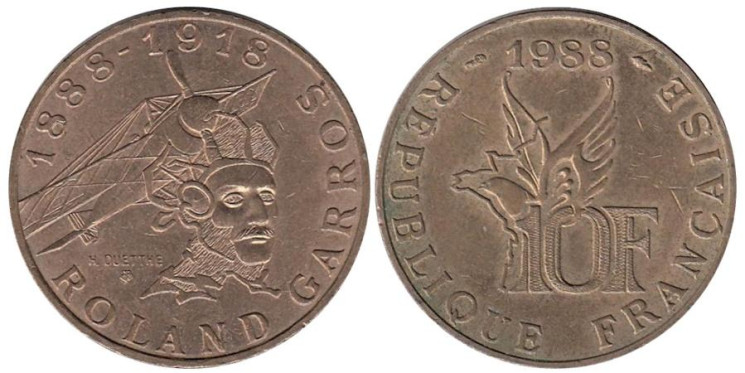  Франция. 10 франков 1988 год. 100 лет со дня рождения Ролана Гарроса. 