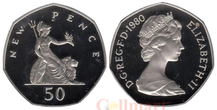  Великобритания. 50 новых пенсов 1980 год. Британия и лев. (Proof) 