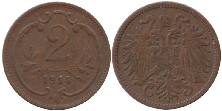  Австрия. 2 геллера 1914 год. 