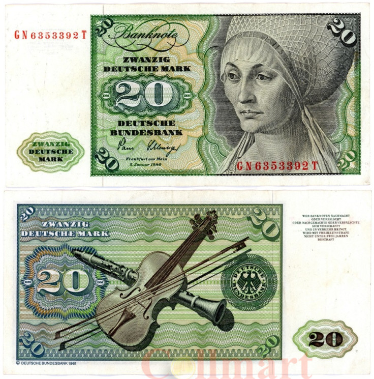  Бона. Германия (ФРГ) 20 марок 1980 год. Эльсбет Тухер (Альбрехт Дюрер). (VF) 