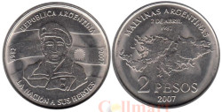 Аргентина. 2 песо 2007 год. 25 лет оккупации Фолклендских островов. Рубчатый гурт.
