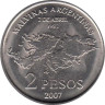  Аргентина. 2 песо 2007 год. 25 лет оккупации Фолклендских островов. Рубчатый гурт. 