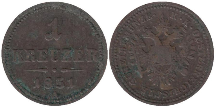  Австрия. 1 крейцер 1851 год. (A) 