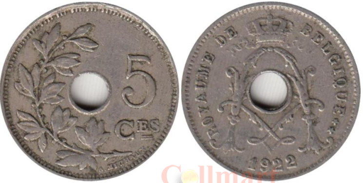  Бельгия. 5 сантимов 1922 год. ROYAUME DE BELGIQUE 