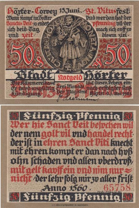  Бона. Германия. Хёкстер 50 пфеннигов 1921 год. Святой Вит. Нотгельд. (XF) 