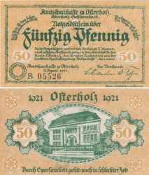 Бона. Германия. Остерхольц 50 пфеннигов 1921 год. Нотгельд желтый. (XF)
