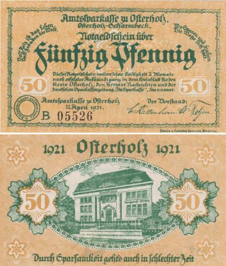  Бона. Германия. Остерхольц 50 пфеннигов 1921 год. Нотгельд желтый. (XF) 