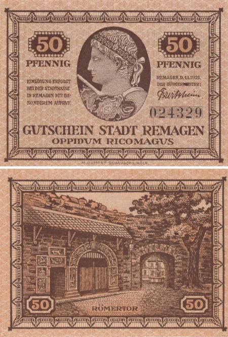  Бона. Германия. Ремаген 50 пфеннигов 1921 год. Нотгельд. (XF) 