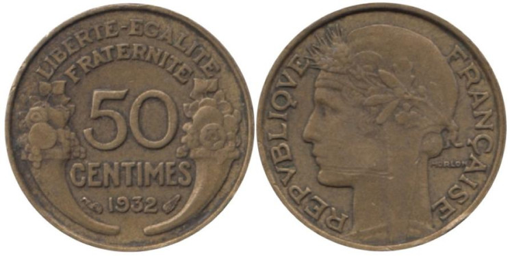  Франция. 50 сантимов 1932 год. Марианна. 
