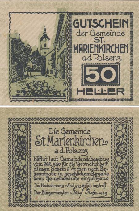  Бона. Австрия. Санкт-Мариенкирхен-ан-дер-Пользенц 50 геллеров 1920 год. Нотгельд. (XF) 