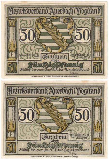  Бона. Германия. Ауэрбах 50 пфеннигов 1921 год. Без номера. Нотгельд. (VF) 