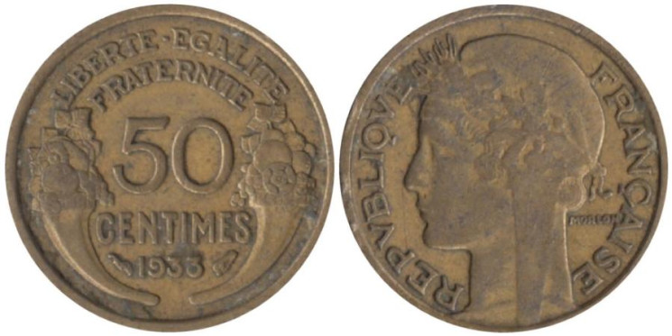  Франция. 50 сантимов 1933 год. Марианна. 