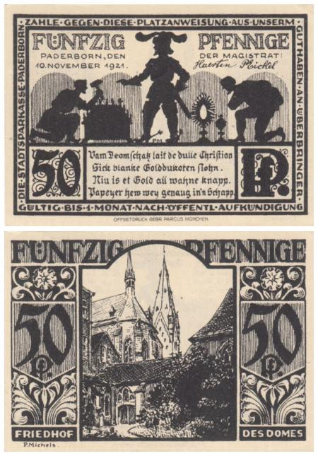  Бона. Германия. Падерборн 50 пфеннигов 1921 год. Кладбище Кафедрального собора. Нотгельд черный. (XF) 