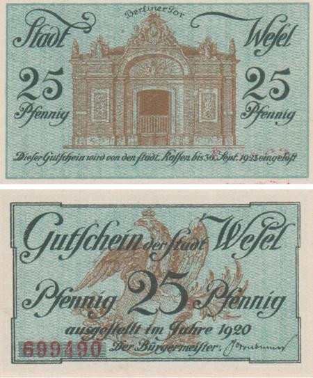  Бона. Германия. Везель 25 пфеннигов 1920 год. Нотгельд. (XF) 