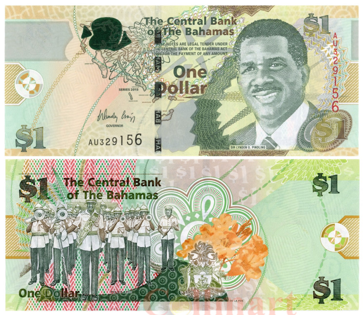  Бона. Багамы 1 доллар 2015 год. Линден Пиндлинг. (Пресс) 