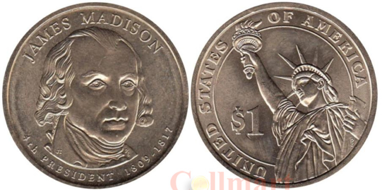  США. 1 доллар 2007 год. 4-й Президент США - Джеймс Мэдисон (1809-1817). (D) 