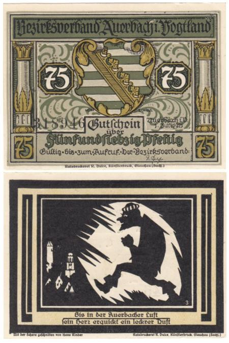  Бона. Германия. Ауэрбах 75 пфеннигов 1921 год. Вар. 3. Нотгельд. (VF) 
