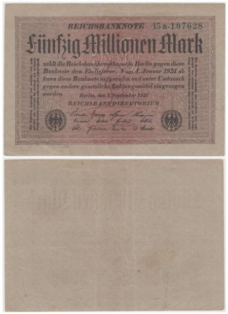  Бона. Германия (Веймарская республика) 50.000.000 марок 1923 год. P-109a.2 (VF) 