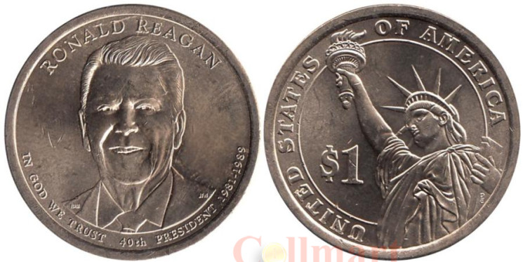  США. 1 доллар 2016 год. 40-й президент Рональд Рейган. (1981–1989). (D) 