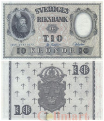 Бона. Швеция 10 крон 1959 год. Густав I. (XF)