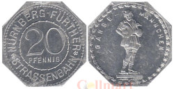 Германия. Нюрнберг-Фюртер. 20 пфеннигов без года выпуска. Фонтан "Гусиный человечек". Нотгельд трамвайный.