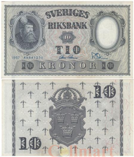  Бона. Швеция 10 крон 1957 год. Густав I. (VF-XF) 