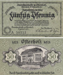 Бона. Германия. Остерхольц 50 пфеннигов 1921 год. Нотгельд зеленый, номинал зеленый. (XF)
