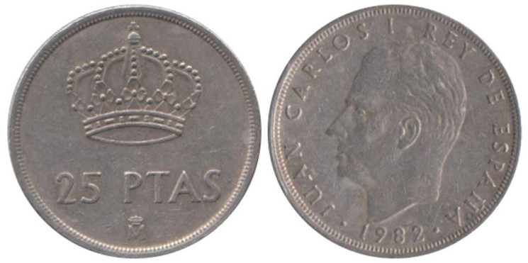  Испания. 25 песет 1982 год. Король Хуан Карлос I. 