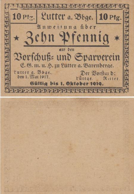 Бона. Германия. Луттер-ам-Баренберге 10 пфеннигов 1917 год. Нотгельд. (XF) 