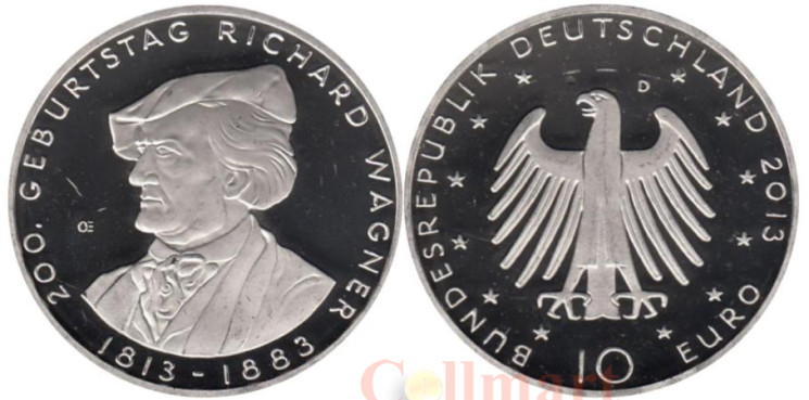  Германия. 10 евро 2013 год. 200 лет со дня рождения Ричарда Вагнера. 