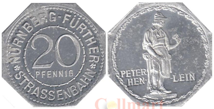  Германия. Нюрнберг-Фюртер. 20 пфеннигов без года выпуска. Памятник Петеру Хенлейну, слесарю и часовщику из Нюрнберга. Нотгельд трамвайный. 
