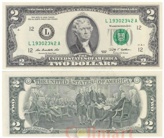  Бона. США 2 доллара 2009 год. Томас Джефферсон. (L - Сан-Франциско, Калифорния) (AU) 