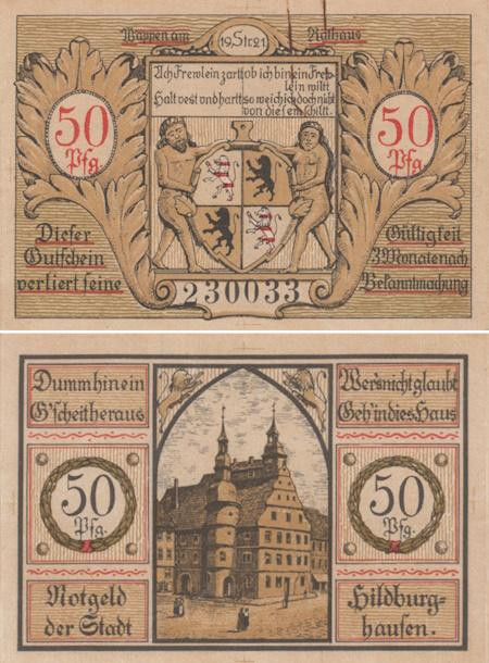  Бона. Германия. Хильдбургхаузен 50 пфеннигов 1921 год. Ратуша. Нотгельд. (XF) 