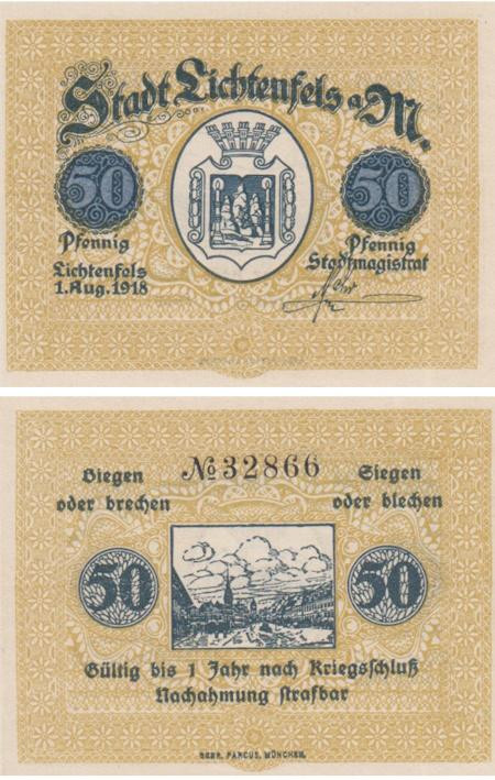  Бона. Германия. Лихтенфельс 50 пфеннигов 1918 год. Нотгельд. (XF) 