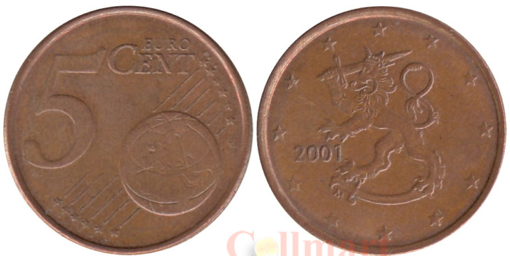  Финляндия. 5 евроцентов 2001 год. Геральдический лев. 