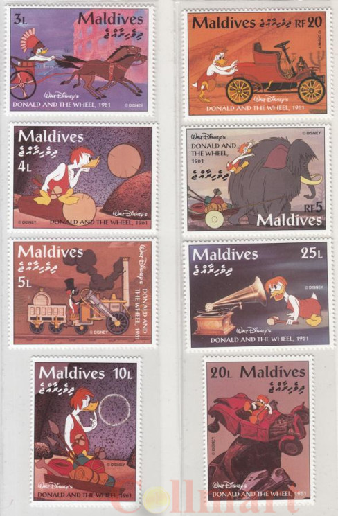  Набор марок. Мальдивы. Дисней - анимационный фильм Уолта Диснея "Дональд и колесо". 8 марок. 