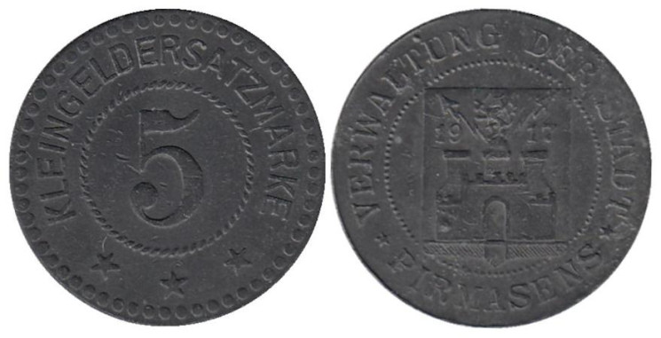  Германия. Пирмазенс. 5 пфеннигов 1917 год. Нотгельд. 