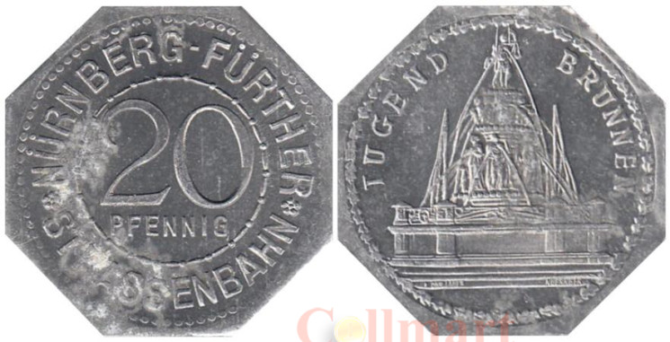  Германия. Нюрнберг-Фюртер. 20 пфеннигов без года выпуска. Фонтан Добродетелей. Нотгельд трамвайный. 
