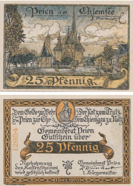  Бона. Германия. Прин-ам-Кимзее 25 пфеннигов 1920 год. Нотгельд. (XF) 