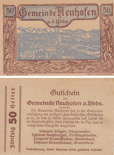  Бона. Австрия. Нойхофен-ан-дер-Ибс 50 геллеров 1920 год. Нотгельд. (XF) 