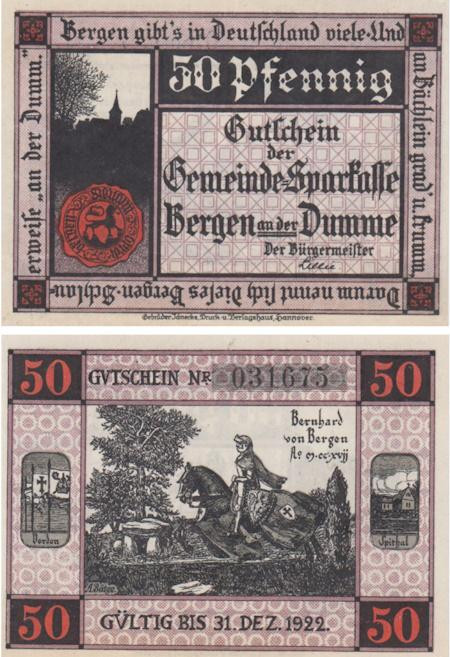  Бона. Германия. Берген-ан-дер-Думме 50 пфеннигов 1922 год. Нотгельд. (XF) 