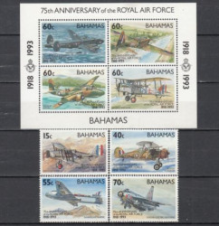 Почтовый блок + набор марок (4 штуки). Багамские Острова 1993 год. 75 лет Королевским ВВС Великобритании.