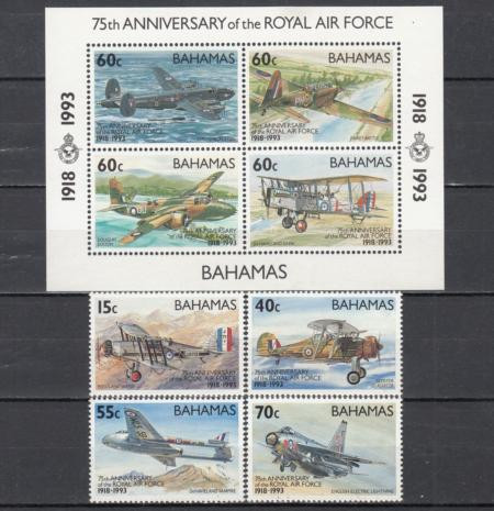  Почтовый блок + набор марок (4 штуки). Багамские Острова 1993 год. 75 лет Королевским ВВС Великобритании. 