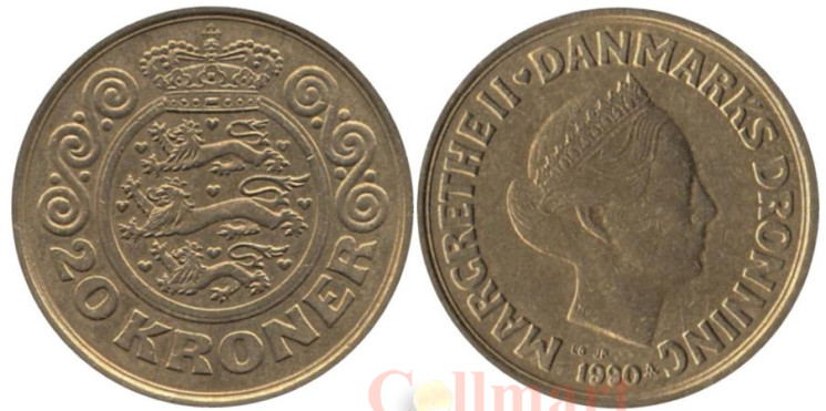  Дания. 20 крон 1990 год. Королева Маргрете II. 
