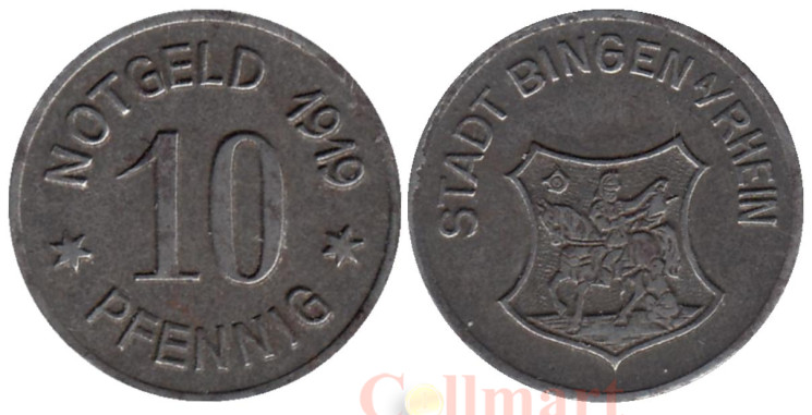  Германия. Бинген-на-Рейне. 10 пфеннигов 1919 год. Герб. (нотгельд) 