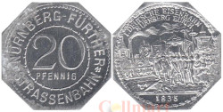 Германия. Нюрнберг-Фюртер. 20 пфеннигов без года выпуска. Открытие первой железной дороги Германии 7 декабря 1835 года. Нотгельд трамвайный.