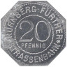  Германия. Нюрнберг-Фюртер. 20 пфеннигов без года выпуска. Открытие первой железной дороги Германии 7 декабря 1835 года. Нотгельд трамвайный. 