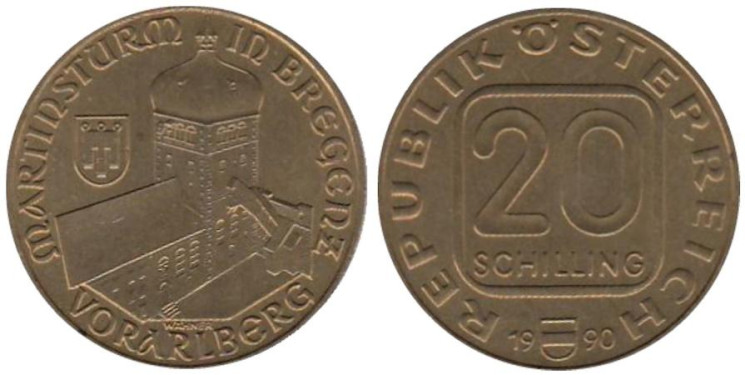  Австрия. 20 шиллингов 1990 год. Башня Мартинстурм в Брегенце. 