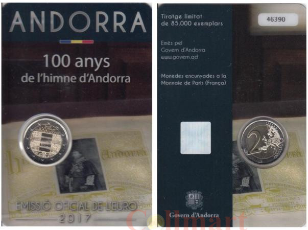  Андорра. 2 евро 2017 год. 100 лет Гимну Андорры. 