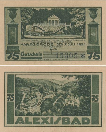  Бона. Германия. Харцгероде 75 пфеннигов 1921 год. Алексисбад. Нотгельд зеленый. (XF) 